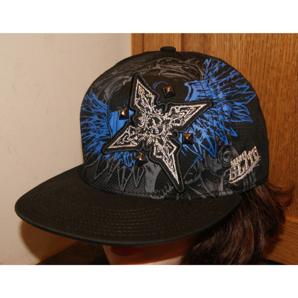 UFC MMA ELITE VTG Fitted Black Cap Hat L/XL Spikes Cross Blue Silver Embroider